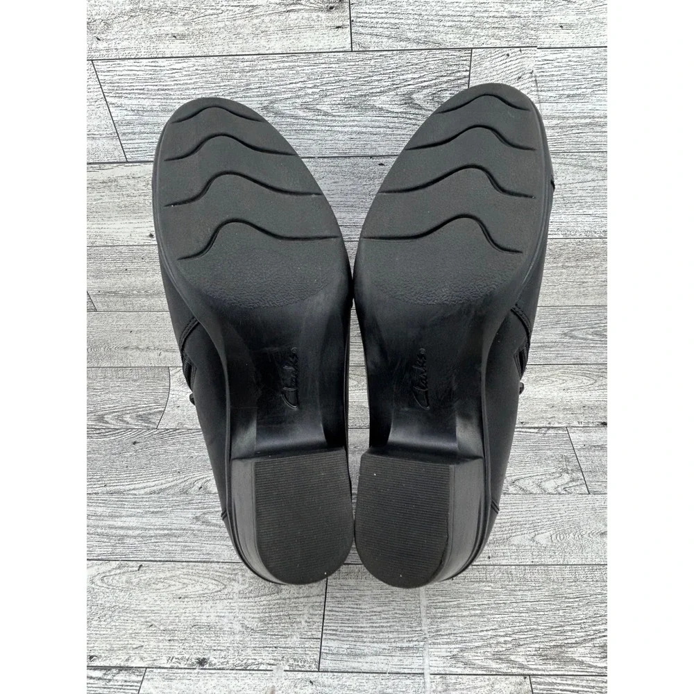 Clarks Collection Black Leather Ankle Booties Side Zip Block Heel Women Sz 8.5W‎